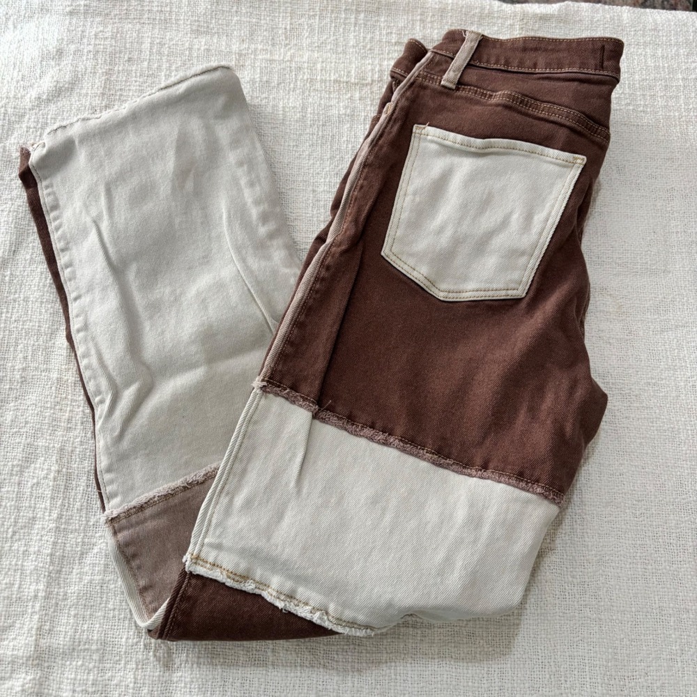 Hollister Ultra High-Rise Dad Jeans Brown Patchwork Colorblock 7R W28 L31